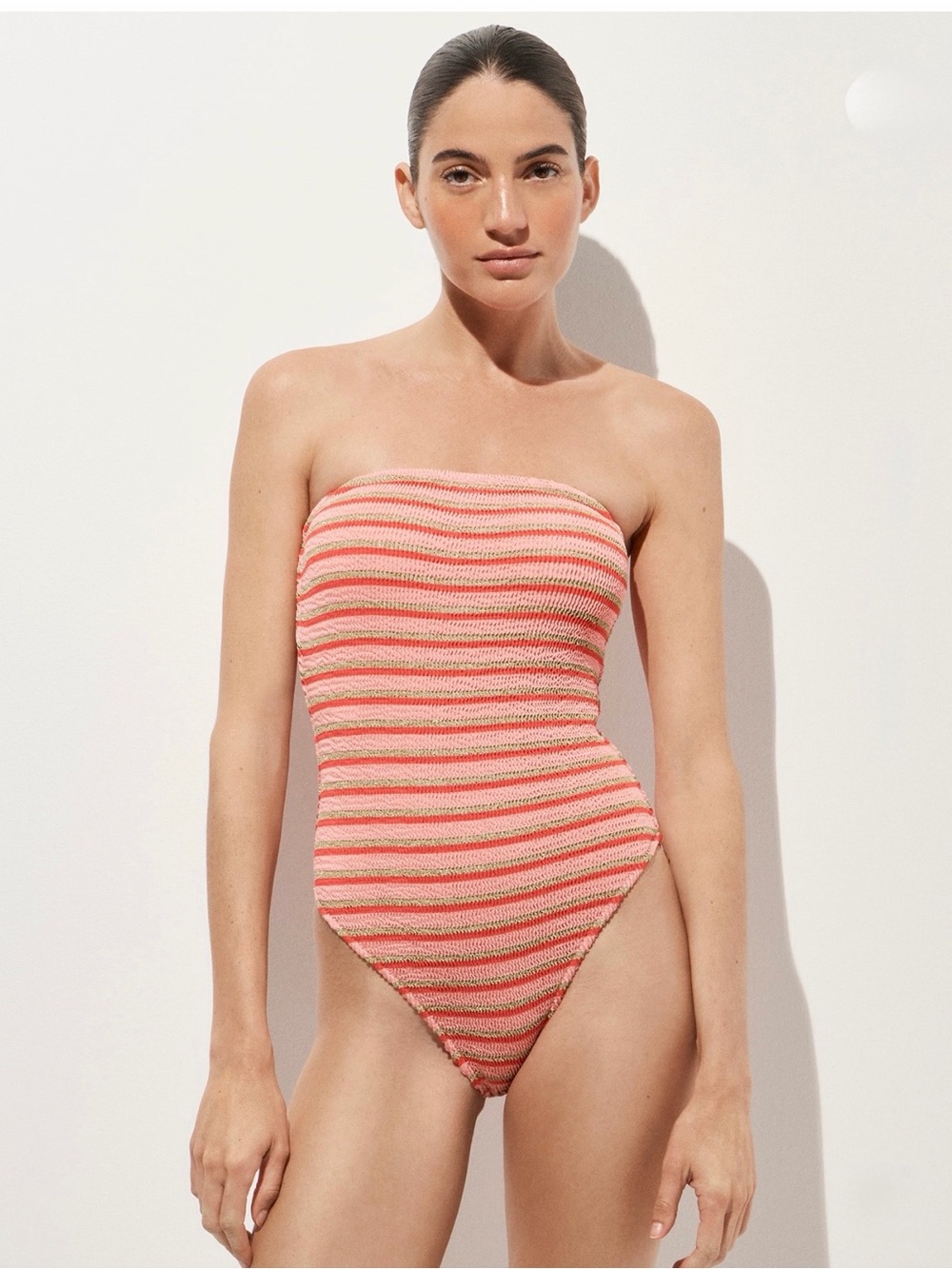 NWT J.Crew Metallic Stripe Bandeau One-Piece Swimsuit Pink Gold Sz 12